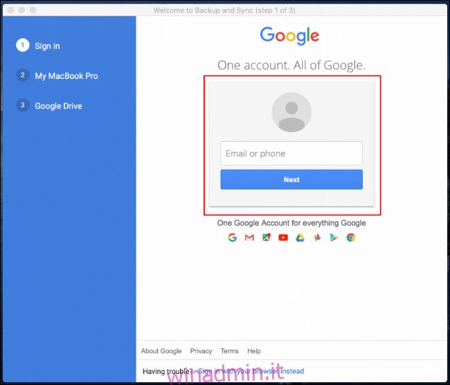 Accedi al tuo account Google al primo avvio di Google Backup and Sync su Mac