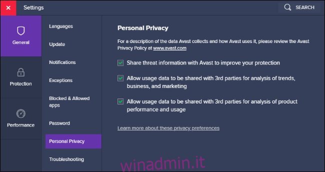 Opzioni di condivisione dei dati sulla privacy personale in Avast.