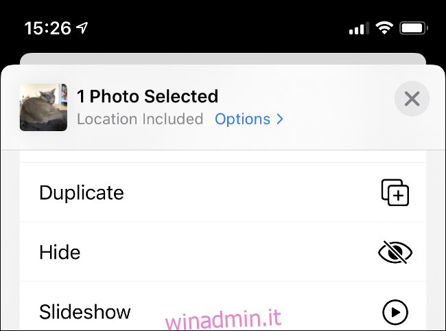 Opzioni per nascondere immagini e video nell'app Foto.