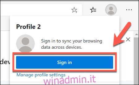 Per firmare il tuo profilo Microsoft Edge in un account Microsoft, premi l'icona del profilo in alto a destra, quindi fai clic su Accedi