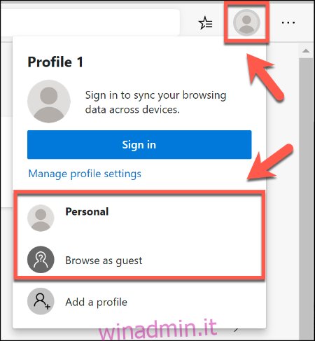 Per passare da un profilo del browser a un altro in Microsoft Edge, fai clic sull'icona del profilo utente in alto a destra, quindi seleziona il tuo profilo dall'elenco fornito