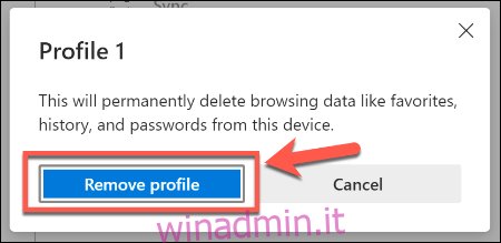 Fare clic su Rimuovi profilo per rimuovere un profilo utente in Microsoft Edge