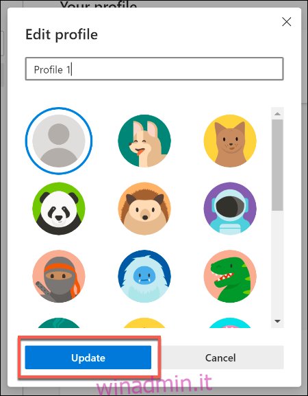 Fornisci un nuovo nome e un'icona per un profilo utente in Microsoft Edge, quindi premi Aggiorna per aggiornare le tue impostazioni