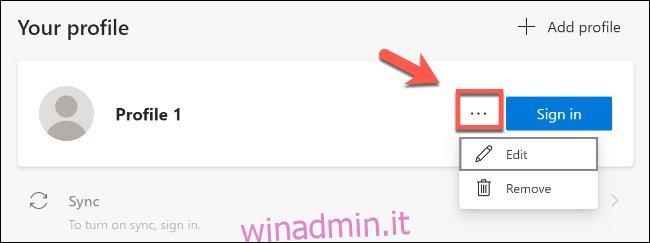 Fare clic sull'icona del menu orizzontale per rimuovere o modificare un profilo in Microsoft Edge