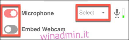 Premi il cursore per Microfono e Incorpora webcam per abilitare o disabilitare queste opzioni in Screencastify