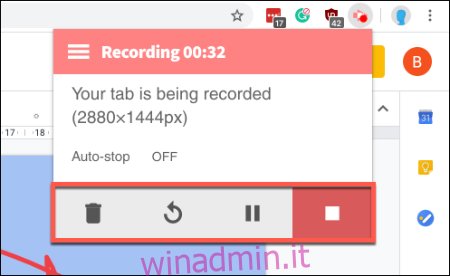 Per mettere in pausa, interrompere o eliminare la registrazione di Screencastify durante la registrazione, premere l'icona Screencastify
