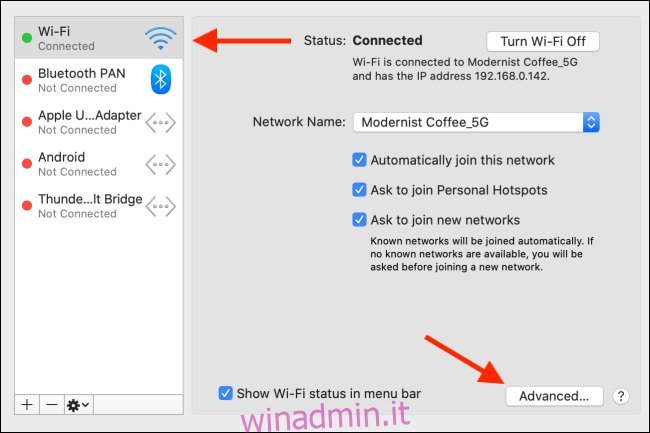 Fare clic sul pulsante Avanzate dal menu Wi-Fi