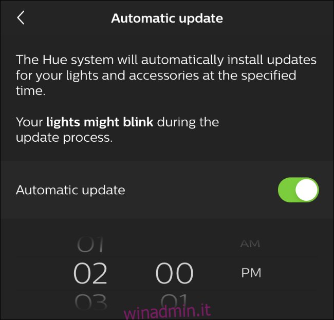 Opzioni di aggiornamento automatico nell'app Hue