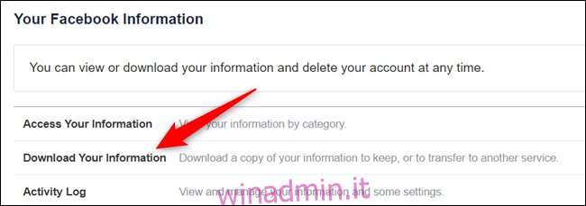 Puoi eseguire il backup di tutti i tuoi dati di Facebook scaricandoli dalla seguente opzione Impostazioni.