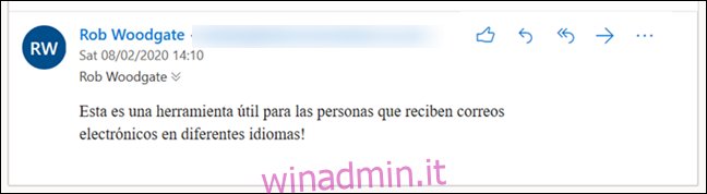 Un'e-mail con il messaggio in spagnolo.