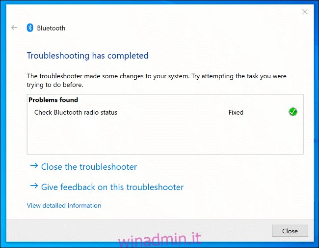 Lo strumento di risoluzione dei problemi di Windows, con i problemi Bluetooth identificati rilevati e risolti.