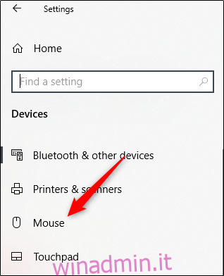 Seleziona l'opzione Mouse nel riquadro sinistro