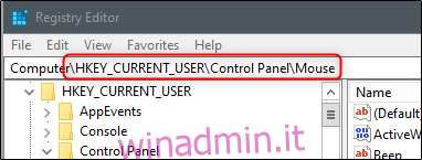 la cartella del mouse del pannello di controllo in regedit