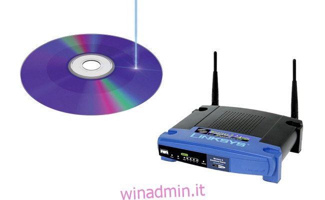 Un CD-R accanto a un router Linksys.