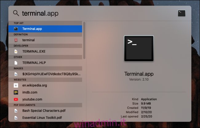 Avvio di Terminal.app tramite Spotlight