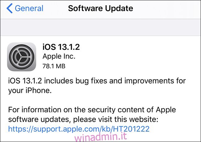 Screenshot dell'aggiornamento di iOS alla 13.1.2