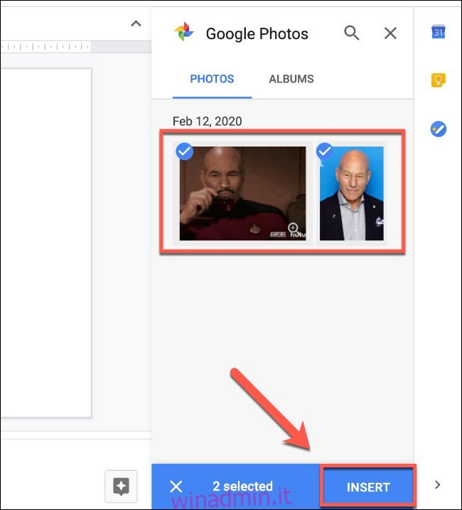 Seleziona le tue immagini utilizzando il menu di Google Foto, quindi fai clic sul pulsante Inserisci per inserirle in Presentazioni Google