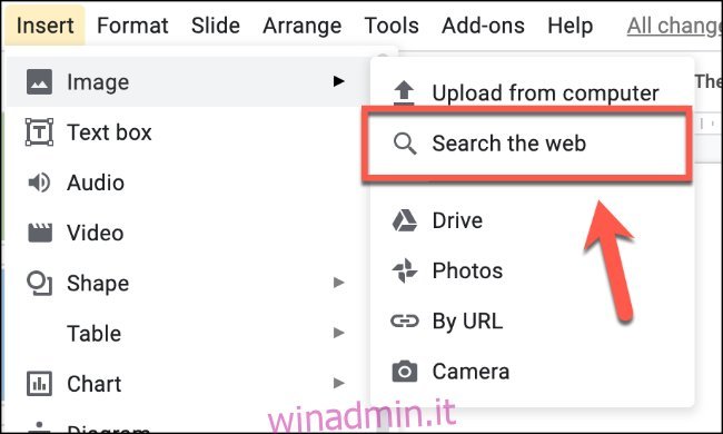 Fai clic su Inserisci> Immagine> Cerca nel Web per inserire un’immagine utilizzando una ricerca di Google Immagini in Presentazioni Google “width =” 650 ″ height = “390 ″ onload =” pagespeed.lazyLoadImages.loadIfVisibleAndMaybeBeacon (this); ”  onerror = “this.onerror = null; pagespeed.lazyLoadImages.loadIfVisibleAndMaybeBeacon (this);”> </p>
<p> Apparirà un menu di ricerca sulla destra.  Usa la barra di ricerca fornita per cercare le immagini.  Fai clic per selezionare una delle immagini visualizzate, quindi premi il pulsante “Inserisci” in basso per aggiungerle alla presentazione. </p>
<p> Puoi anche fare doppio clic su una qualsiasi delle immagini per inserirle direttamente. </ P > </p>
<p> <img loading =