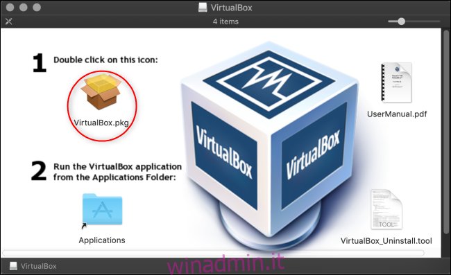Il menu di installazione di VirtualBox.