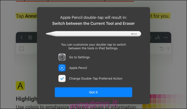 PDF Expert 7 supporta le azioni di doppio tocco e visualizzerà una finestra di dialogo utile quando si utilizza per la prima volta la funzione.