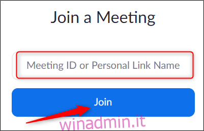 inserire l'ID riunione sul browser web