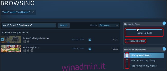 Prezzo e preferenze di ricerca di Steam
