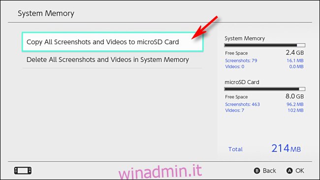 Copia gli screenshot sulla scheda microSD Nintendo Switch