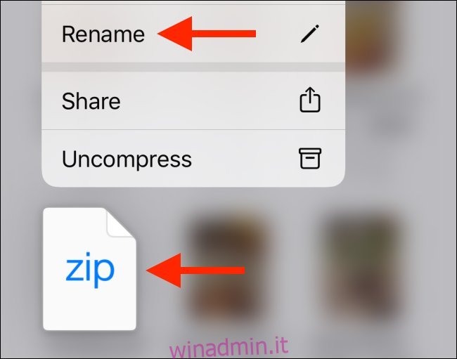 Tocca l'opzione Rinomina dal file zip