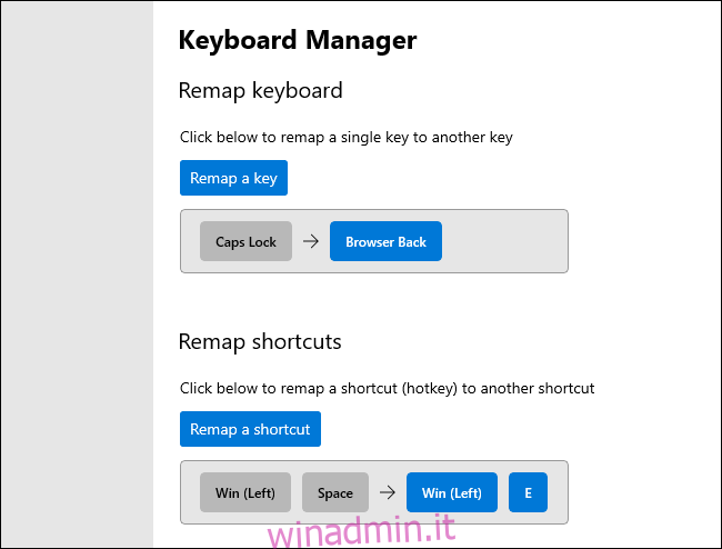 Rimappare i tasti e le scorciatoie da tastiera in Keyboard Manager PowerToy.