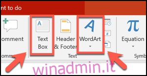 Fare clic sui pulsanti Casella di testo o WordArt per inserire uno degli oggetti nella presentazione di PowerPoint