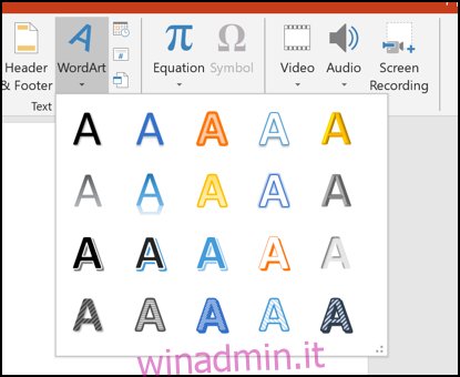 Varie opzioni WordArt in PowerPoint