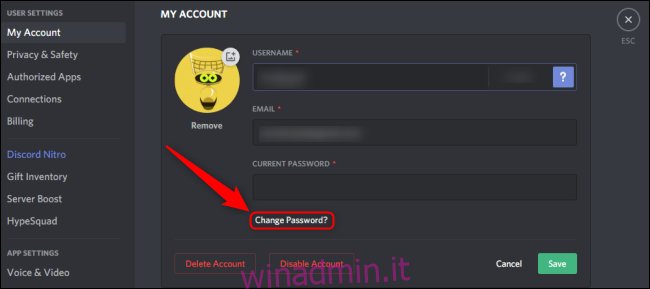 Discord Cambia password