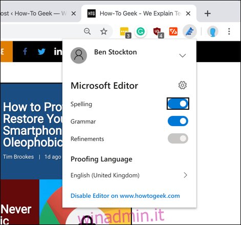 La scheda delle impostazioni dell'estensione di Chrome di Microsoft Editor