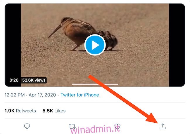 Individua un tweet con un video e fai clic sul pulsante Condividi