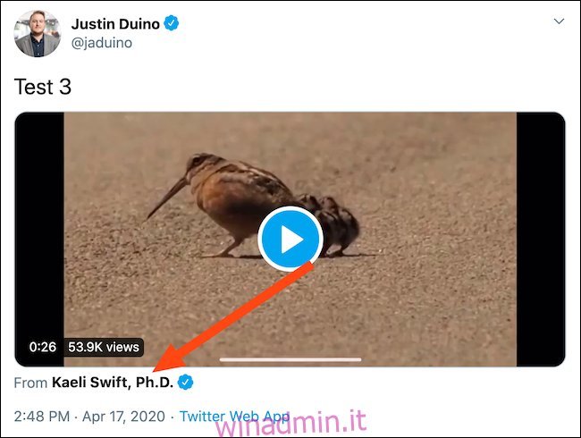 Ora dovresti avere un tweet con un video Twitter incorporato