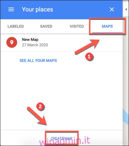 Fare clic su Crea mappa per iniziare a creare una mappa Google Maps personalizzata