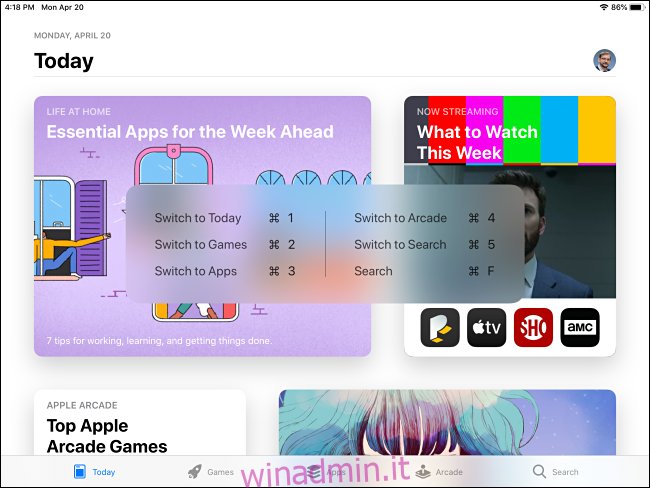 Pop-up di scelta rapida da tastiera per i comandi dell'App Store su iPad