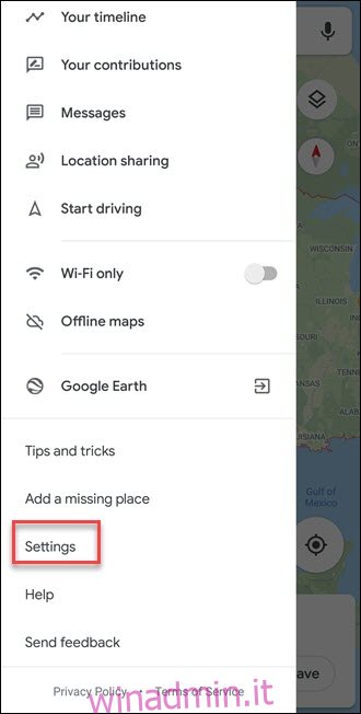 Sottomenu di Google Maps con callout Impostazioni