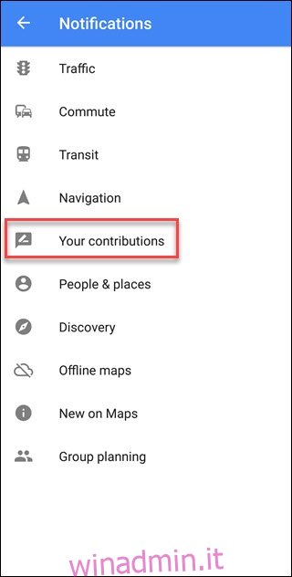 Menu di notifica di Google Maps con callout I tuoi contributi