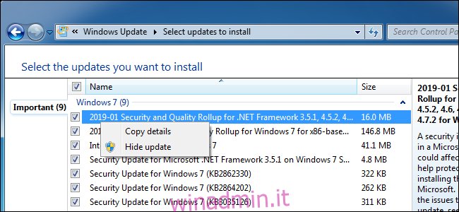 Nascondere un aggiornamento in Windows Update su Windows 7