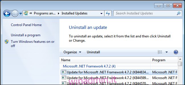 Disinstallazione di un aggiornamento di Windows su Windows 7