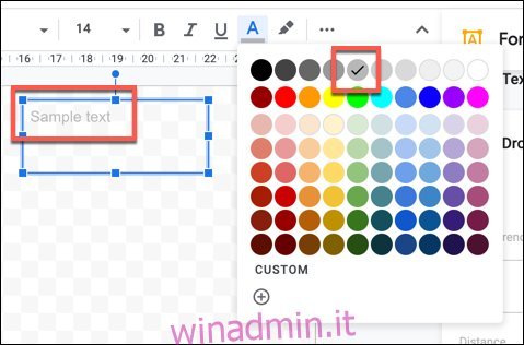 Testo di esempio con un colore del testo più chiaro applicato in Disegni Google