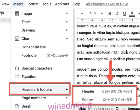 Per aggiungere un'intestazione o un piè di pagina in Google Documenti, premi Inserisci> Intestazioni e piè di pagina e fai clic su Intestazione o Piè di pagina “width =” 535 ″ height = “419 ″ onload =” pagespeed.lazyLoadImages.loadIfVisibleAndMaybeBeacon (this); ”  onerror = “this.onerror = null; pagespeed.lazyLoadImages.loadIfVisibleAndMaybeBeacon (this);”> </p>
<p> Con la tua opzione di intestazione o piè di pagina, premi Inserisci> Disegno> Da Drive per aggiungere il tuo disegno. </p>
<p> <img class =