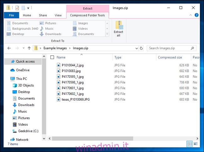 Un elenco di file compressi in Windows 10.