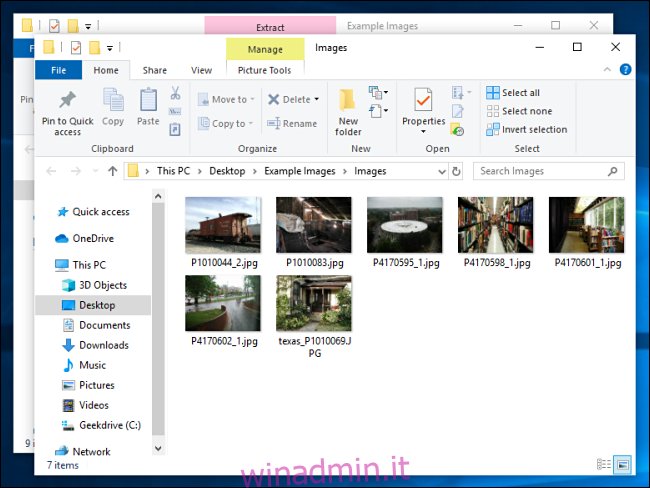 File estratti da un file Zip in Windows 10.