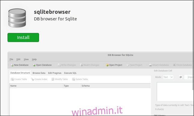 Pagina di installazione dell'applicazione browser SQLite nell'applicazione software Ubuntu.