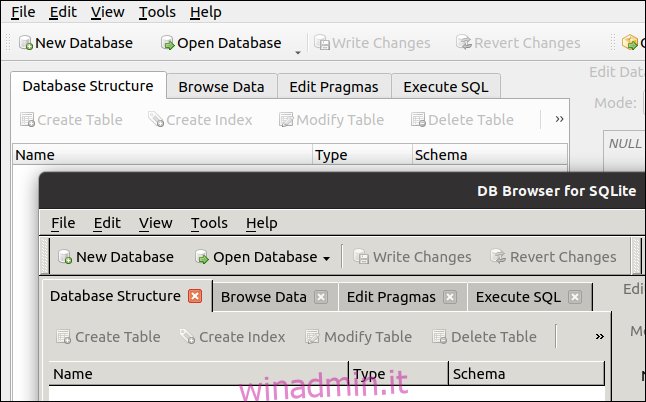 Due versioni di DB Browser per SQLite in esecuzione in GNOME.