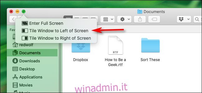 Menu speciale che avvia la modalità Split View in macOS