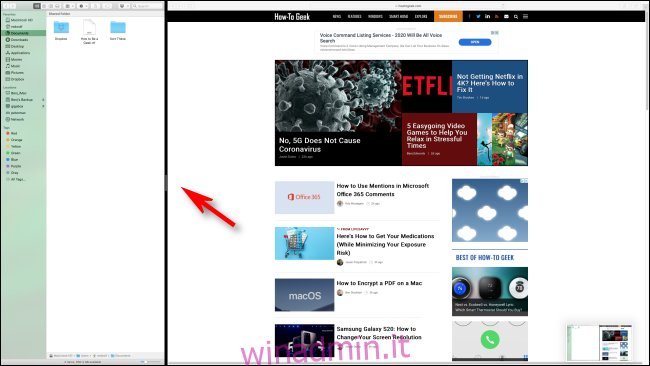 Usa la partizione per ridimensionare le finestre in Split View in macOS
