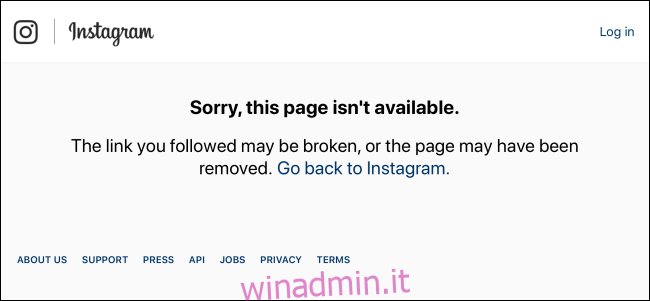 Instagram che mostra la pagina non trovata per l'account Instagram temporaneamente disabilitato